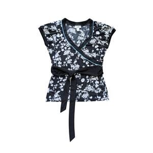 Y2K  LOFT Babydoll Top Women L Black-White Floral Asian Whimsigoth Fairy Cottage